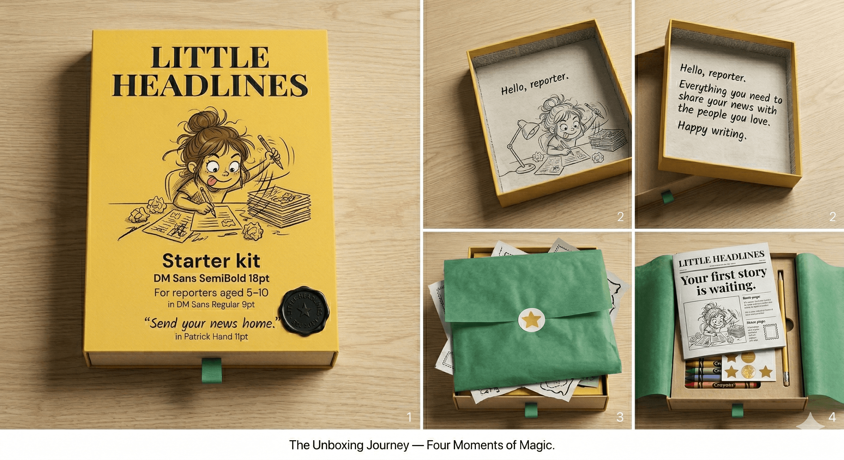 Little Headlines Starter Kit — newspapers, envelopes, crayons, pencil, rubber and stickers