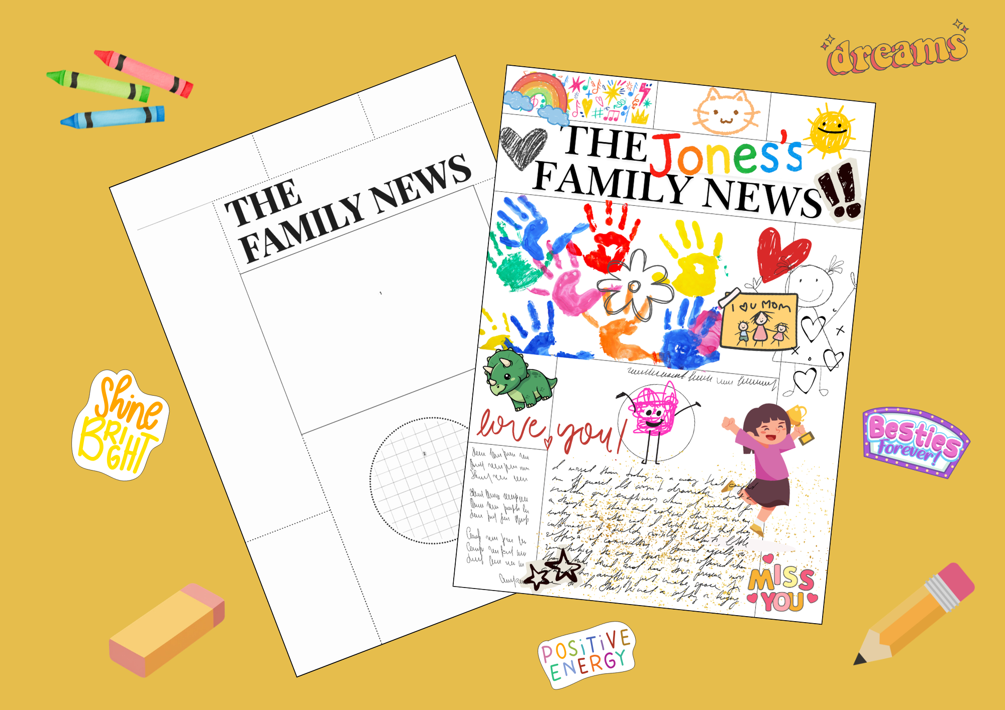 The Family News newspaper kit — blank template and filled example on a yellow background